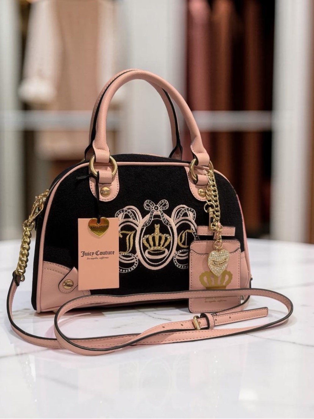 Juicy Couture NWT Black & Pink Embroidered Dome Satchel Gold Hardware (P238 - Picture 10 of 16